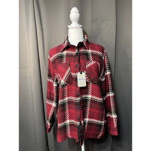 Better Unsaid Plaid Shirt Jacket Red Black XS Button Front Shacket Cozy Chic